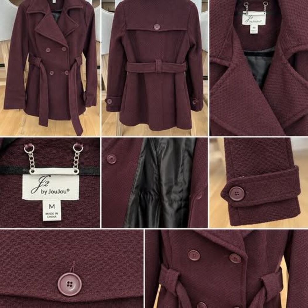 J2 by JouJou Women’s Burgundy Wool Blend Belted Peacoat – Size M